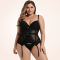 CurvyPower Lingerie Women's Lace Plus Size Corset Bodysuit with Bow Strap and Backless Corset