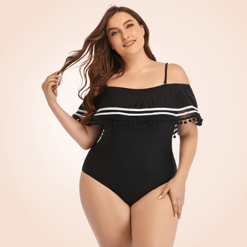 CurvyPower | Be You ! Swimwear 3XL Plus Size Ruffle Trim Off-Shoulder Striped Flounce One Piece Swimsuit