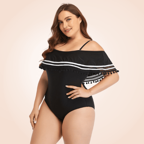 CurvyPower | Be You ! Swimwear L Plus Size Ruffle Trim Off-Shoulder Striped Flounce One Piece Swimsuit