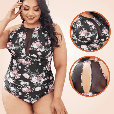 CurvyPower | Be You ! Swimwear Plus Size Contrast Mesh One Piece Floral Swimwear