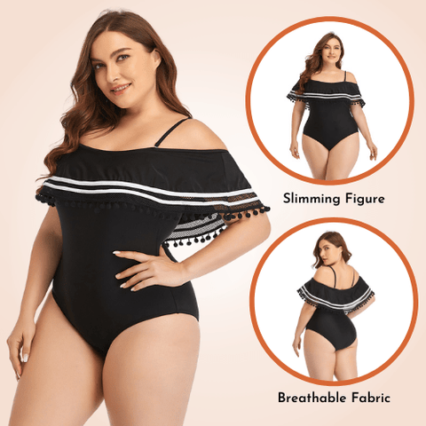 CurvyPower | Be You ! Swimwear Plus Size Ruffle Trim Off-Shoulder Striped Flounce One Piece Swimsuit