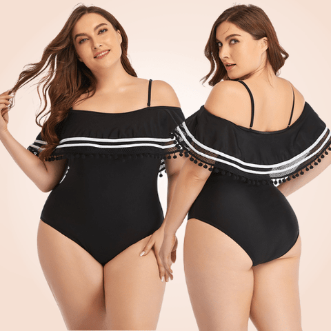 CurvyPower | Be You ! Swimwear Plus Size Ruffle Trim Off-Shoulder Striped Flounce One Piece Swimsuit