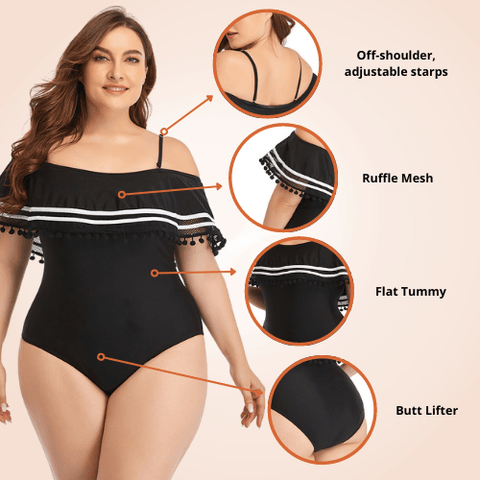 CurvyPower | Be You ! Swimwear Plus Size Ruffle Trim Off-Shoulder Striped Flounce One Piece Swimsuit