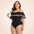 CurvyPower | Be You ! Swimwear XL Plus Size Ruffle Trim Off-Shoulder Striped Flounce One Piece Swimsuit